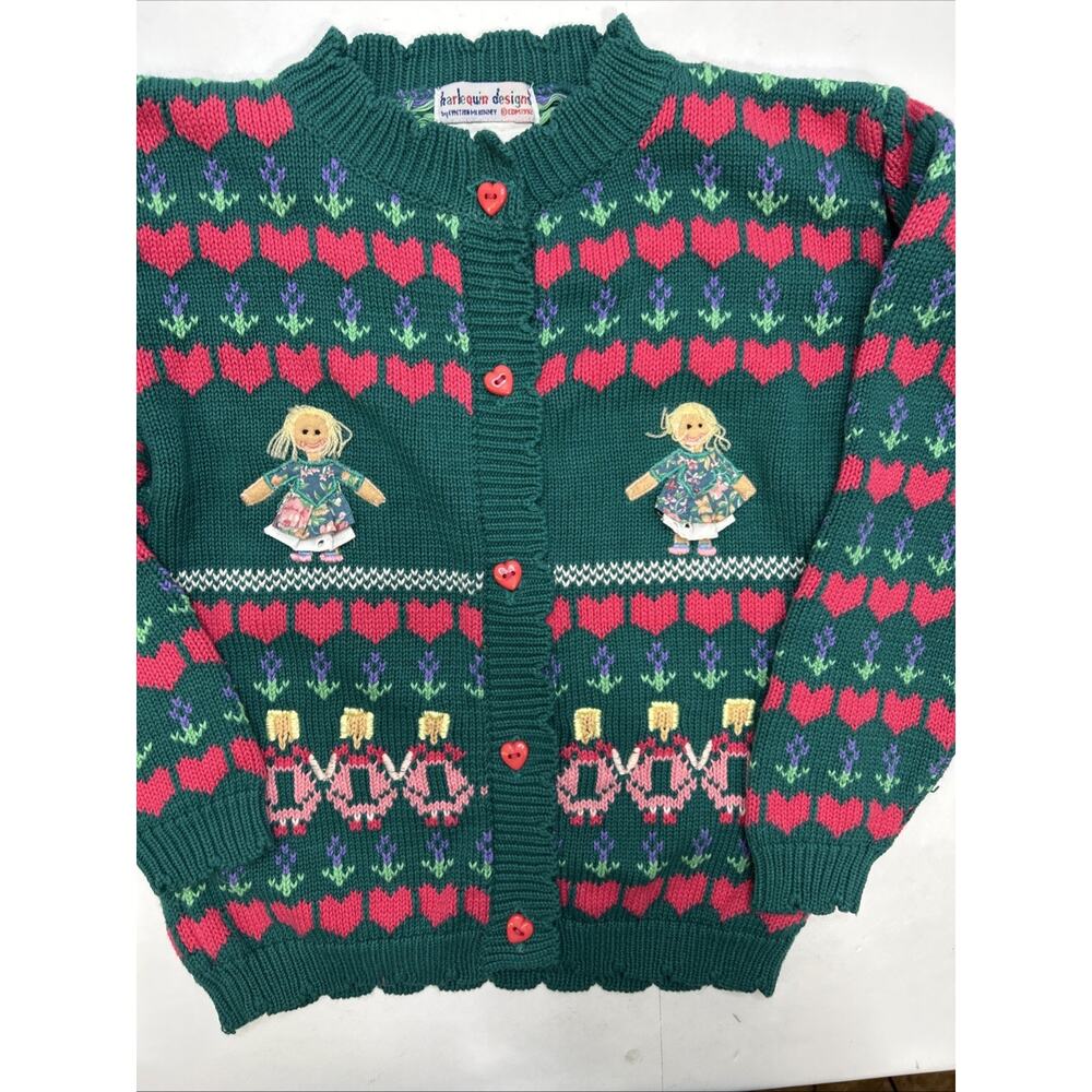 Vtg 80’s Harlequin Designs Embroidered Cardigan Sweater Girls 5/6 Cottage-core